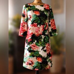 Nicole Miller Pink, Black & Green Floral Print Sheath Dress